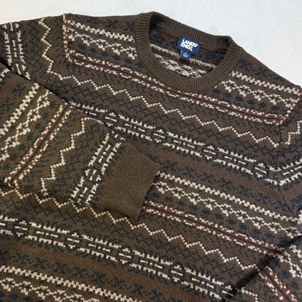 Lands End Sweater Mens L Brown Fair Isle Crew Neck Long Sleeve Cabin Rustic Warm